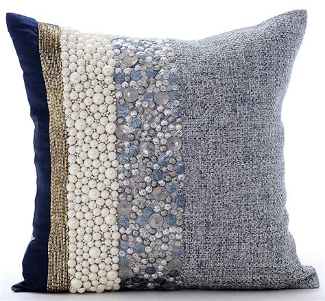 Navy Blue And Silver Cushion Covers 16x16 Silk And Jute Pillow