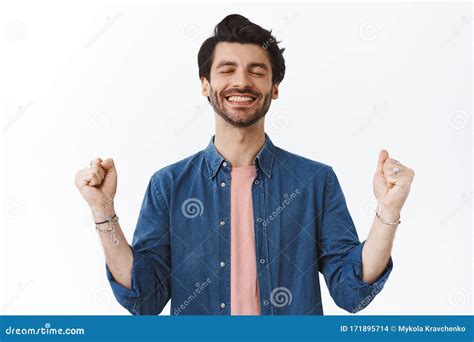 Relieved Happy Successful Young Bearded Man Close Eyes Smiling