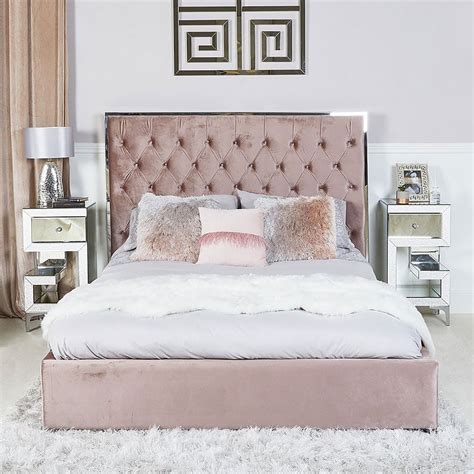 Rose Pink King Size Bed With Chrome Frame And Velvet Style Upholstery