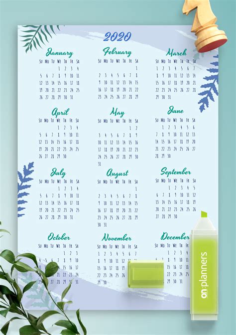 Download Printable Blue Botanical Yearly Calendar PDF