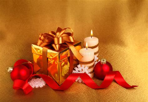 Christmas T In Gold Box With Bow Stock Photo Image Of Gold Beads