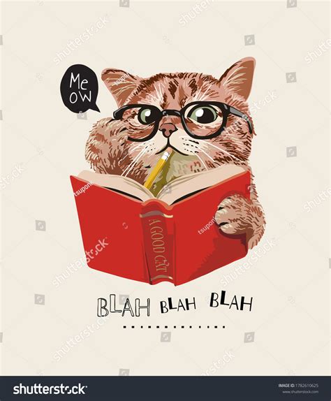 Cute Cat Glasses Reading Book Illustration Stock Vector Royalty Free
