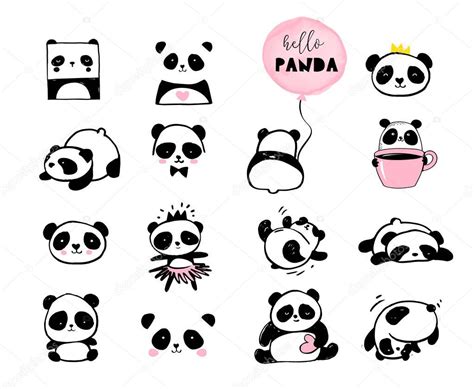 Cute Panda Bear Illustrations Vector Hand Drawn Elements Black And