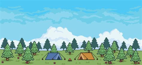 Paisaje De Camping De Bosque De Pinos De Pixel Art Con Carpas Y Fogata