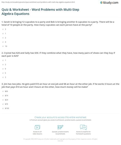 Example problems are provided and explained. Quiz & Worksheet - Word Problems with Multi-Step Algebra ...