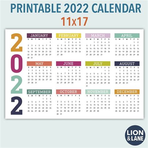 2022 Printable Calendar Year At A Glance 11x17 Tabloid Etsy