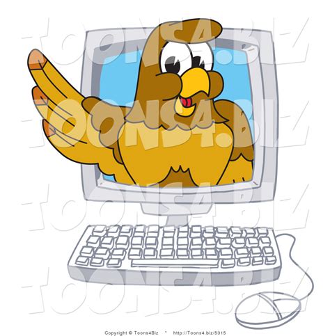 Vector Illustration Of A Cartoon Hawk Mascot Character In A Computer By