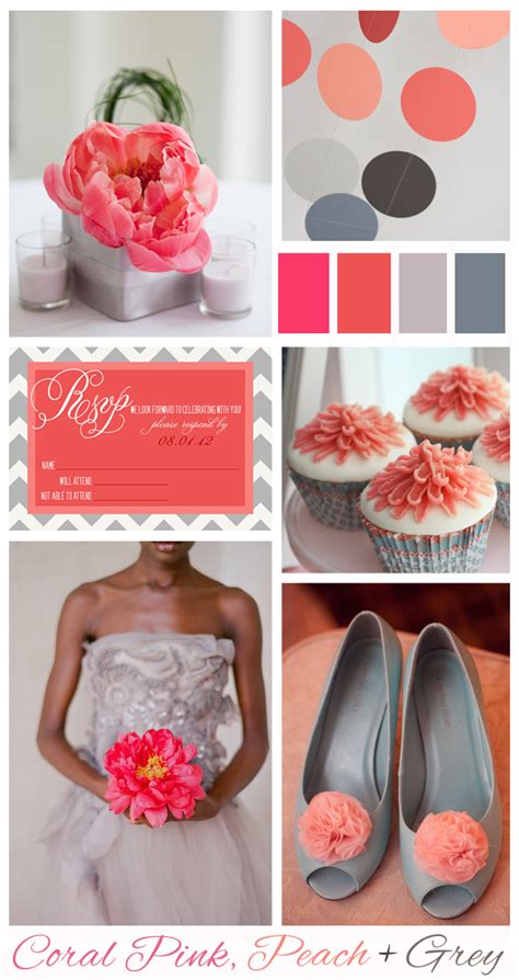 Coral Pink Peach Grey Wedding Inspiration Mood Board Want That