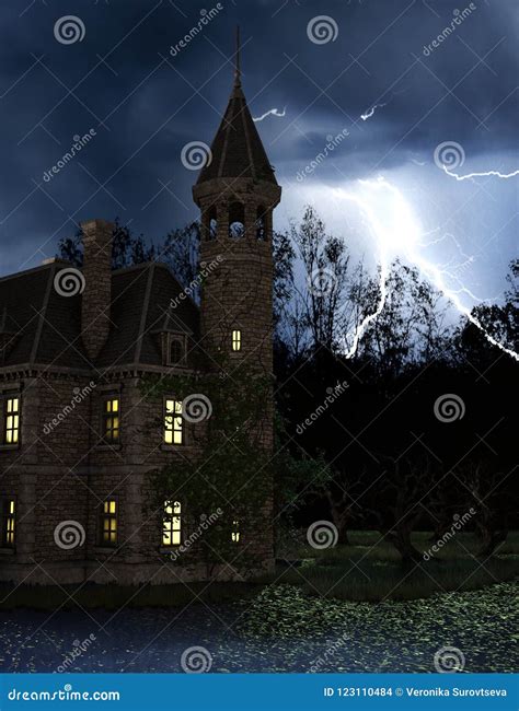 Haunted Manor On A Swamp At Stormy Night Stock Illustration