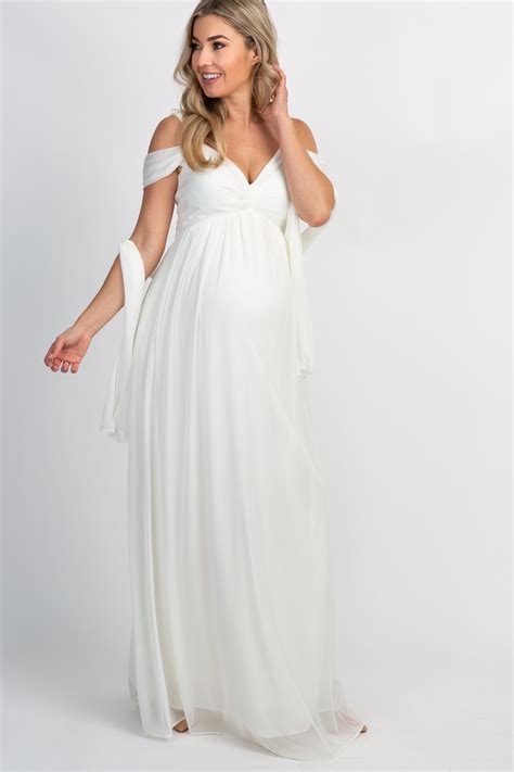 White Chiffon Cold Shoulder Maternity Evening Gown Pinkblush