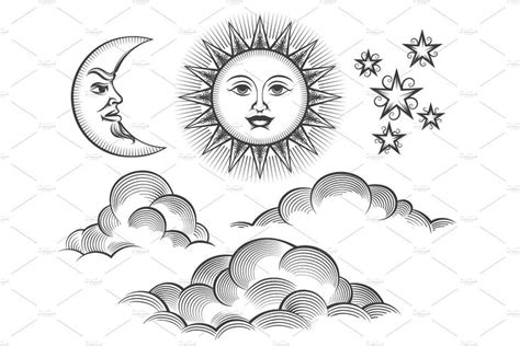 Retro Engraved Moon Sun Celestial Faces Retroscratchingengraved