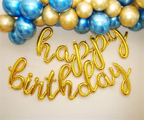 Gold Happy Birthday Balloons Banner Scriptcursive Gold Letter