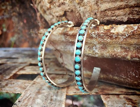 Silver Turquoise Hoop Earrings Native American Indian Jewelry Signed