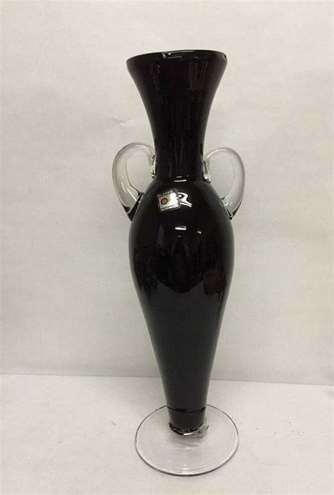 Vintage Blenko Black Glass Vase Blown Applied Handle Urn Footed Tall