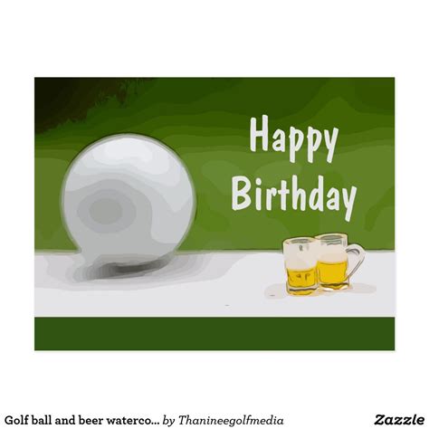Golf Ball And Beer Watercolor Happy Birthday Golf Postcard Happy