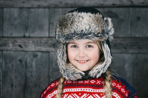 Winter Headshot Of Beautiful Smiling Norwegian Girl In Traditional