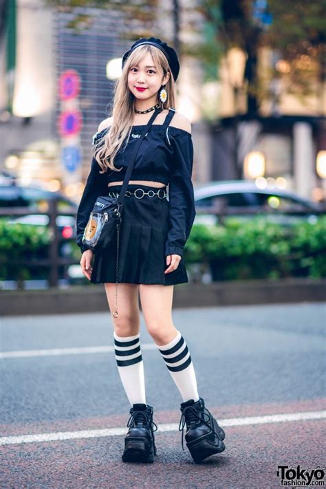 chic black harajuku girl street style w crank crop top wego pleated skirt demonia platforms