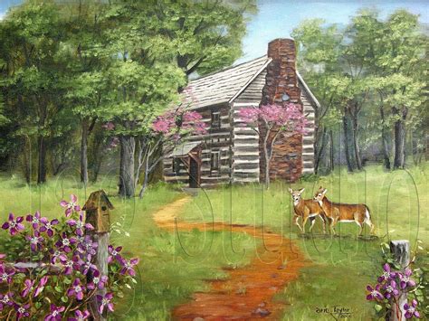 Summer Folk Art Folk Art Log Cabin Print Country Folk Art Etsy