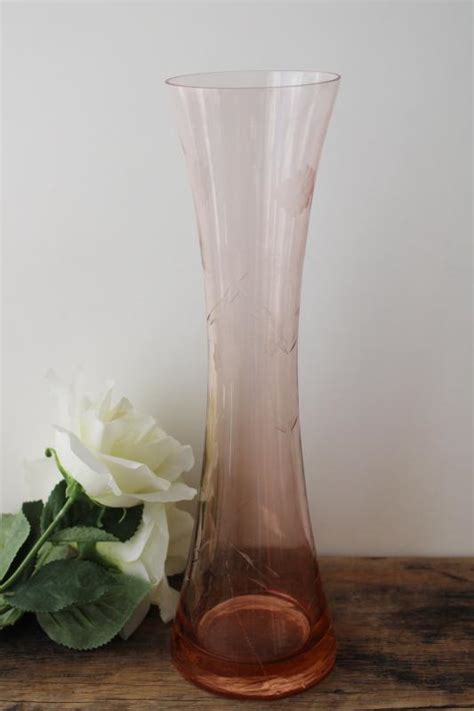 Vintage Pink Depression Glass Vase W Etched Flowers Art Deco Bartlett Collins