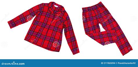 Pajamas Set On White Background Women`s Plaid Pajama Pants And A Red