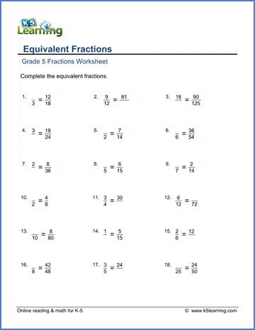 Knowing how to convert a fraction into an equivalent one is an essential math skill that's additionally, david has worked as an instructor for online videos for textbook companies such as larson texts, big ideas learning, and big ideas math. Grade 5 math worksheet - Fractions: equivalent fractions ...