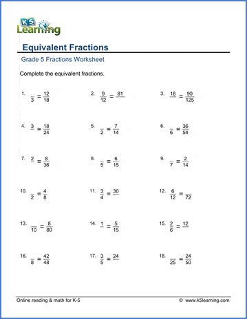 We can get equivalent fractions by multiplying the numerator and denominator by the same number. Grade 5 math worksheet - Fractions: equivalent fractions ...