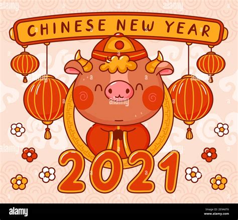 Chinese New Year 2021 Year Of The Ox Vector Kawaii Cartoon Line