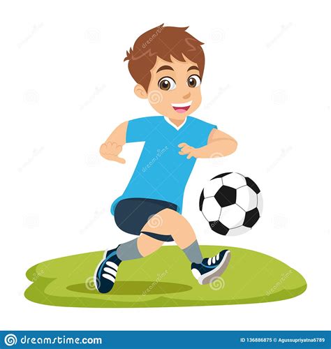 Cute Cartoon Little Boy Playing Football Or Soccer Stock