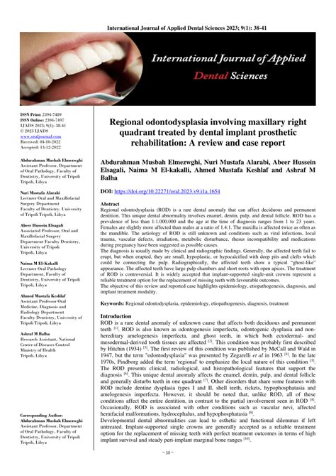 Pdf Regional Odontodysplasia Involving Maxillary Right Quadrant