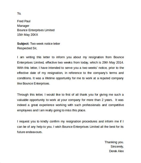 Free 7 Sample Resignation Letters 2 Week Notice Templates In Pdf Ms Word
