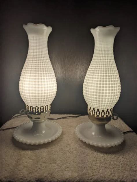 Pair Of Vintage S Milk Glass Boudoir Table Lamps W Hobnail Globes Hurricane Picclick