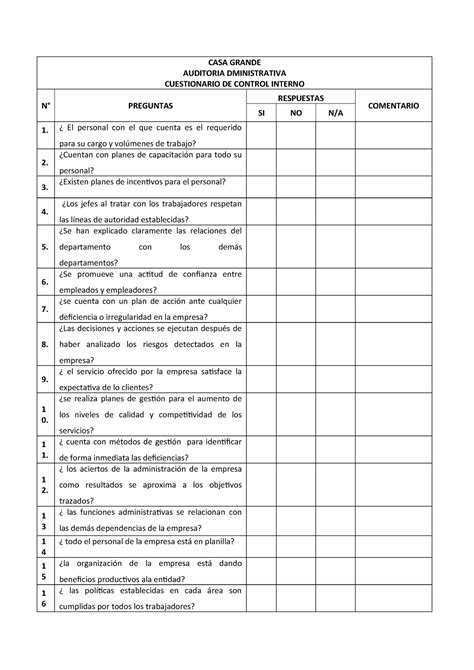 Cuestionario A Items Para Realizaci N De Un Auditoria Administrativa