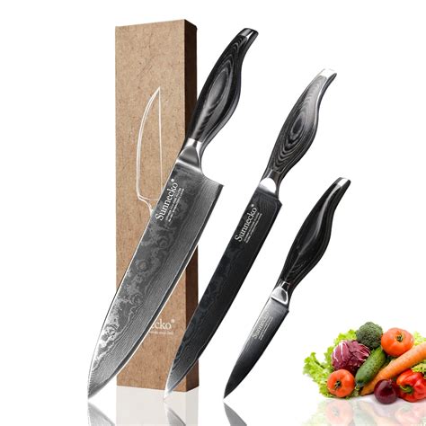 Sunnecko 3pcs Kitchen Knives Set Chef Slicing Paring Knife Damascus