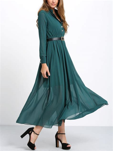 Green Long Sleeve Buttons Maxi Dress Sheinsheinside