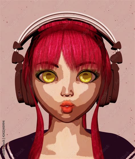 Portrait Of Happy Anime Girl With Headphone3d Renderingpop Art Style