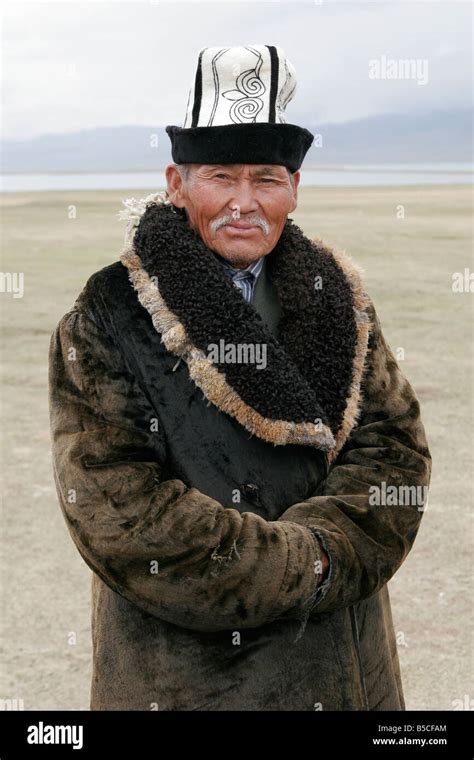 Old Kyrgyz Man Wearing Traditional Kalpak Hat Lake Song Kol