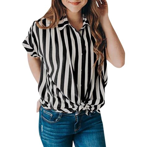 chamsgend women s casual short sleeve striped tie blouse fashion polyester button turn down