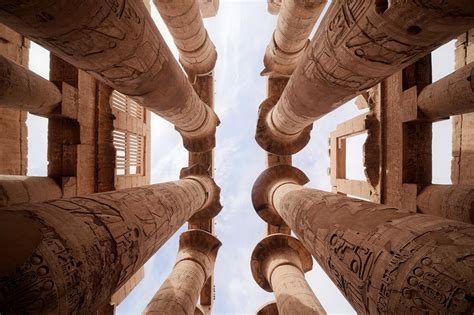 Architecture Ancient Pillar Hieroglyphics Egypt Historic Worms Eye View