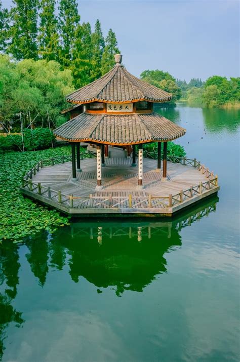 Traditional Chinese Pavilion Over Water At West Lake Hangzhou China