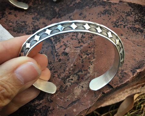 Signed Navajo Sterling Silver Stacking Bracelet For Women Small Wrist
