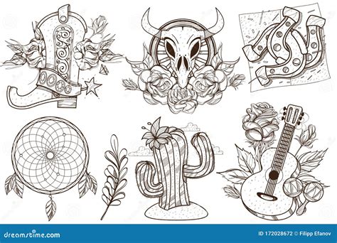 Wild West And Nature A Set Of Outline Illustrations With Sketches Of