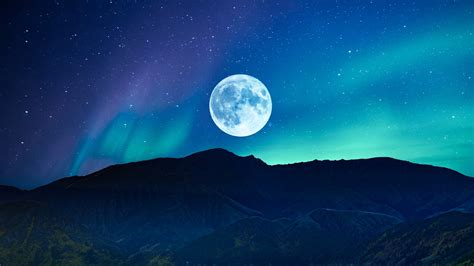 Full Moon Wallpaper 4k Aurora Borealis Night Time Mountain Nature