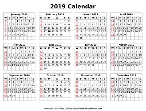 Printable Blank 2019 Calendar Templates