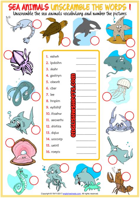 Sea Animals Esl Unscramble The Words Worksheets For Kids