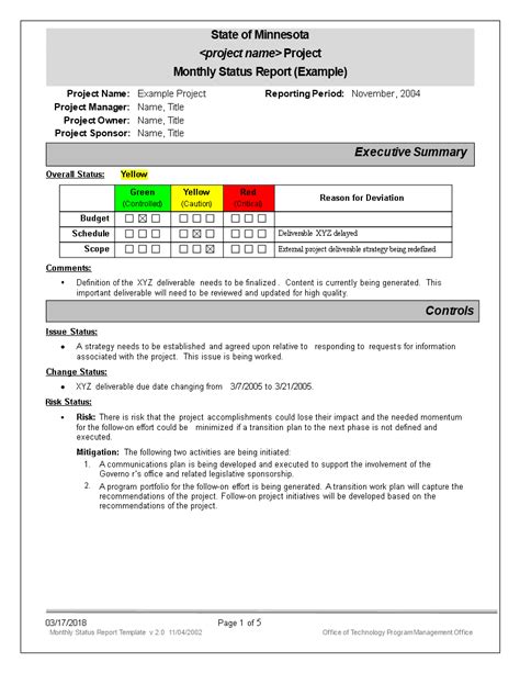 Monthly Status Report Template Project Management