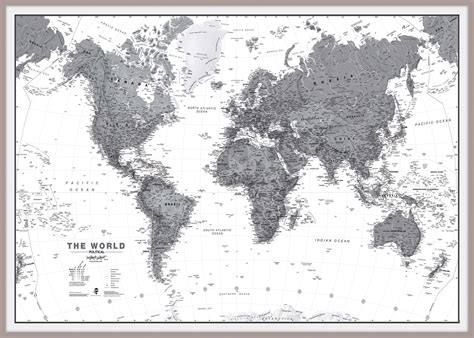 Huge World Wall Map Political Black And White Pinboard And Framed Silver