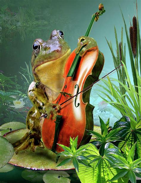 Humorous Scene Frog Playing Cello In Lily Pond Painting Gina Femrite