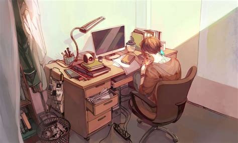 Anime Original Bedroom Boy Computer Desk 1080p Wallpaper