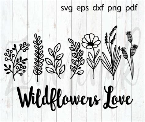 Wildflower Svg Silhouette Vector Line Drawing Doodle Etsy