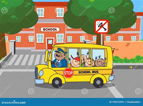 School Bus With Happy Children Cartoon Characters Going To School